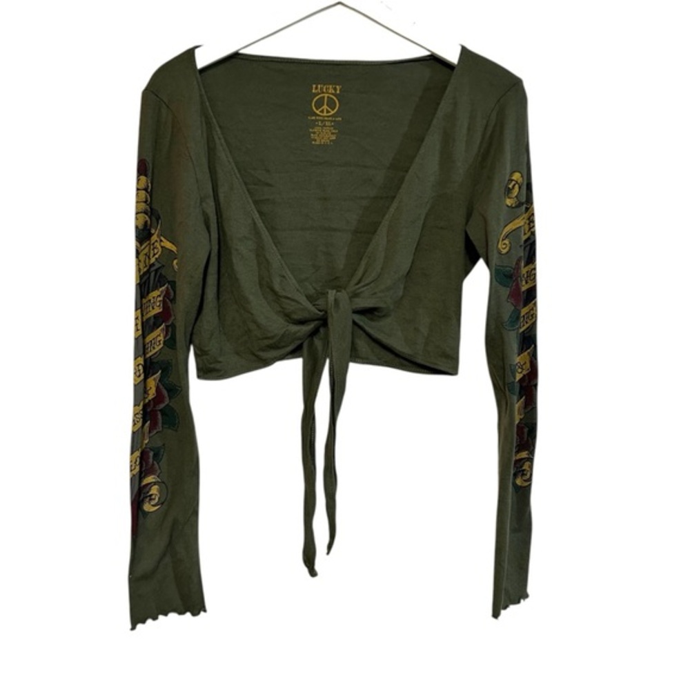 Y2K RARE lucky brand L/XL shrug cardigan arm tattoo dagger PRINT arm sleeve tie